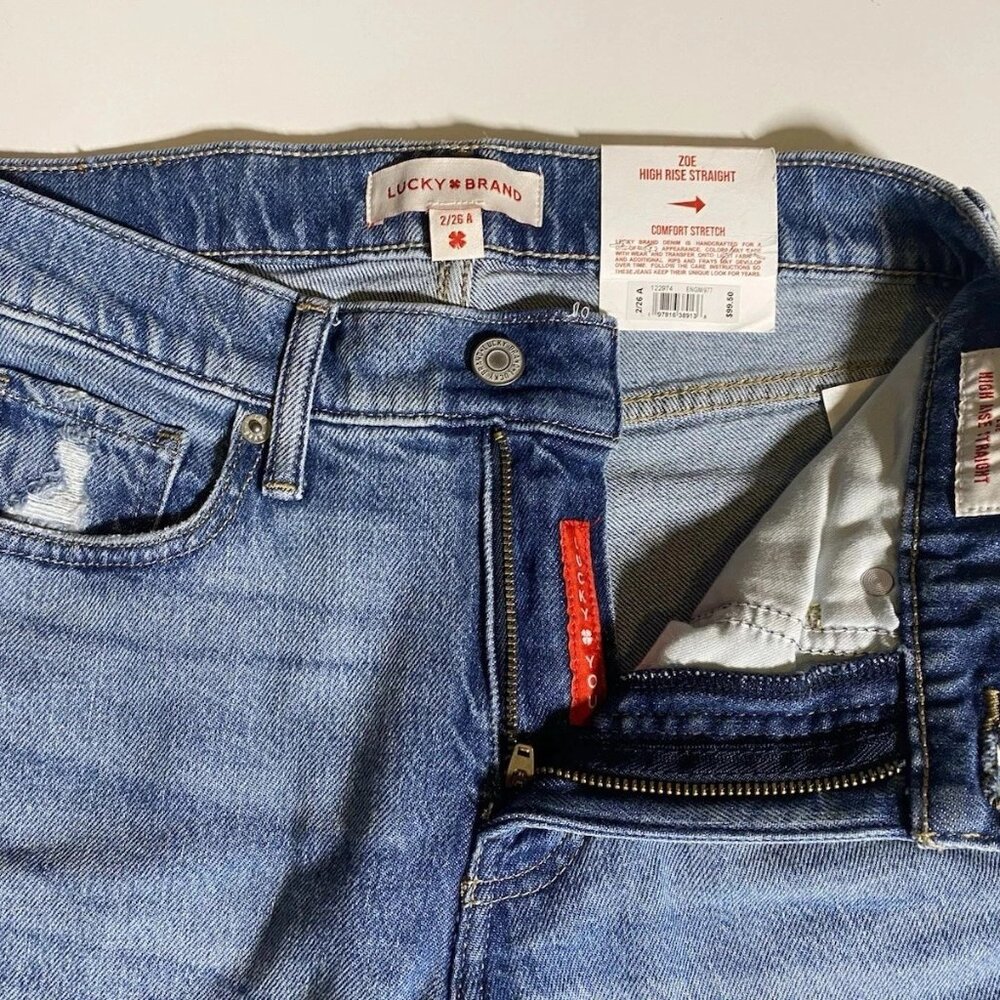 Lucky Brand ZOE High Rise Straight Jeans 2 26 Medium Blue Raw Hem 26 X 26.5 NWT - Picture 10 of 14